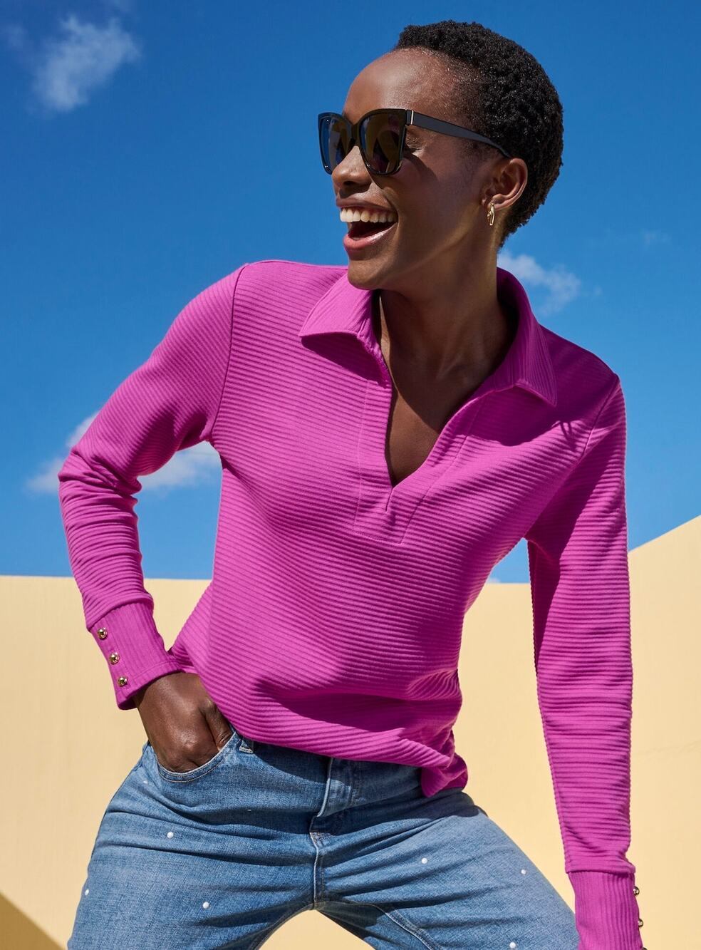 Talbots Womens L Pink Ribbed Johnny Collar Beach Sweatshirt Relaxed Casual NWT